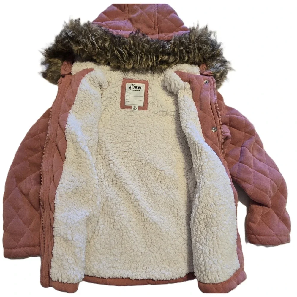 J For Justify Girls‎ Quilted Hooded Jacket Pink Faux Fur Trim Coat Size 10